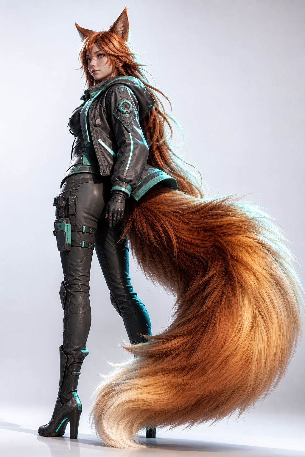 Drift Asset 3D kitsune mascot — anime fox-girl with a sweeping bushy tail and cyber-tech gear